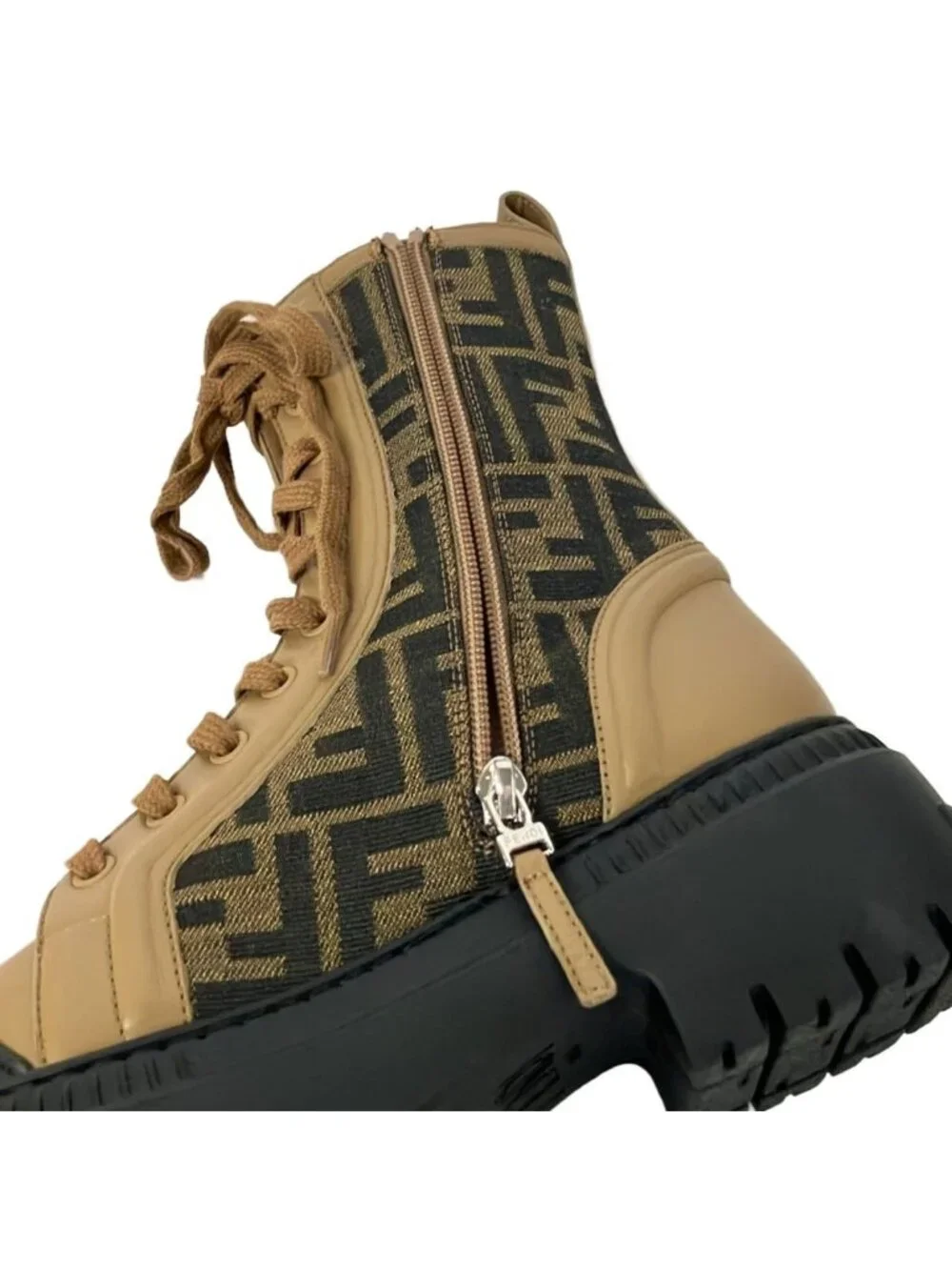 Fendi Short Boots 36 Khaki Light Brown Black Zucca Pattern Leather